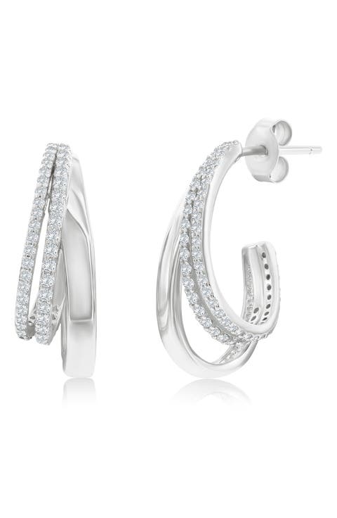 Cubic Zirconia Triple Row Hoop Earrings
