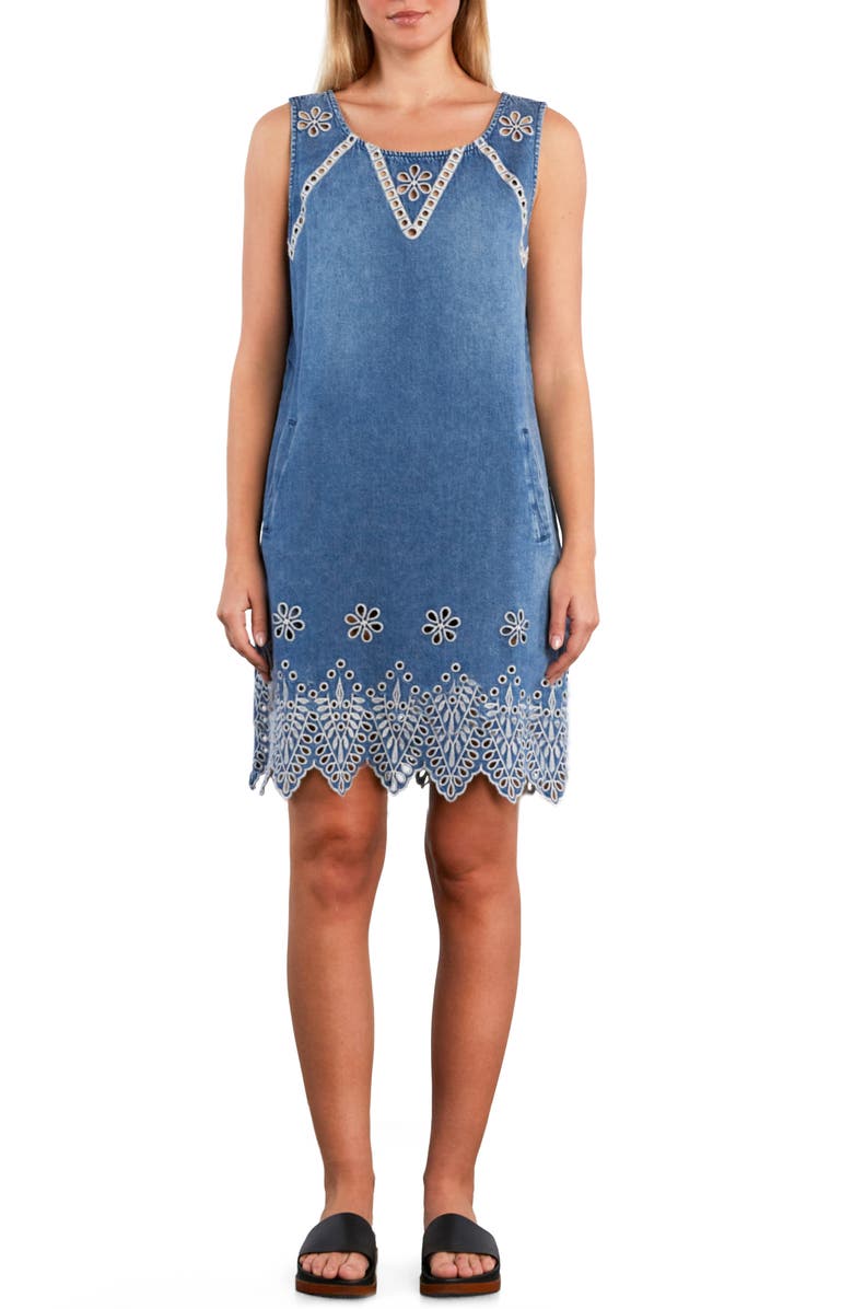 Wash Lab Denim Alison Eyelet Cotton & Linen Denim Shift Dress, Main, color, Ivy Denim