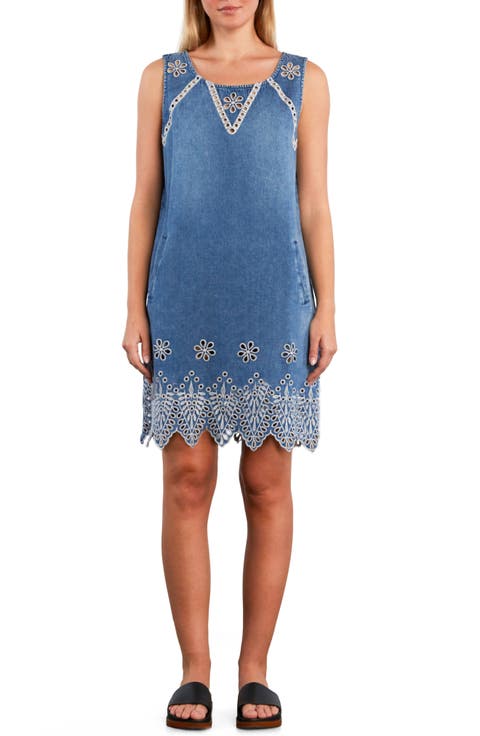 Alison Eyelet Cotton & Linen Denim Shift Dress