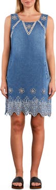 Wash Lab Denim Alison Eyelet Cotton & Linen Denim Shift Dress