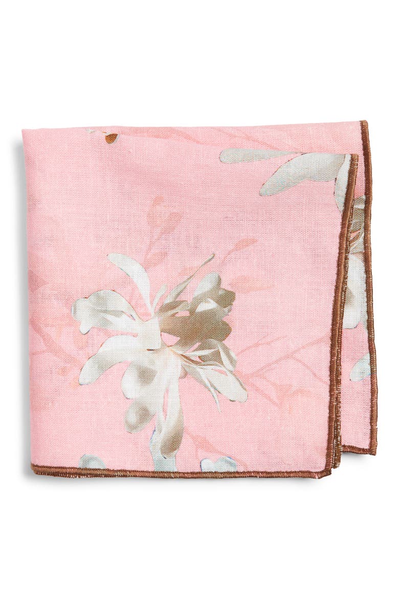 Floral Linen Pocket Square, Main, color, PINK