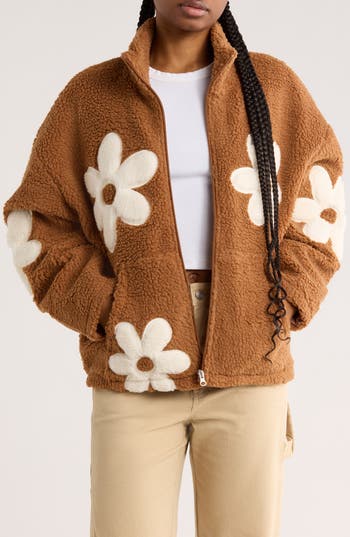 Rdi Flower Appliqué Faux Shearling Zip Jacket In Brown