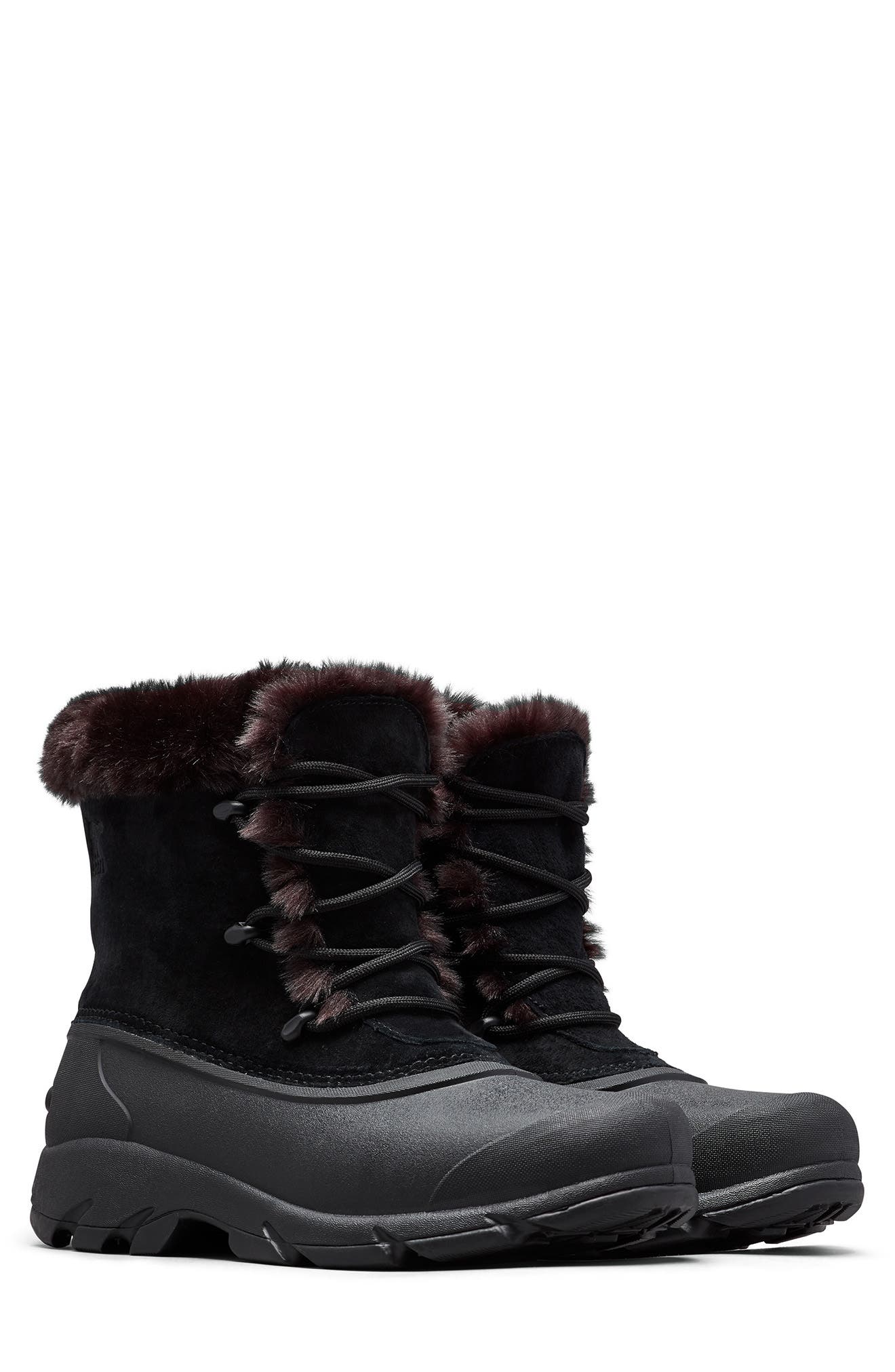 SOREL Snow Angel Faux Fur Detail Waterproof Boot, Main, color, Black