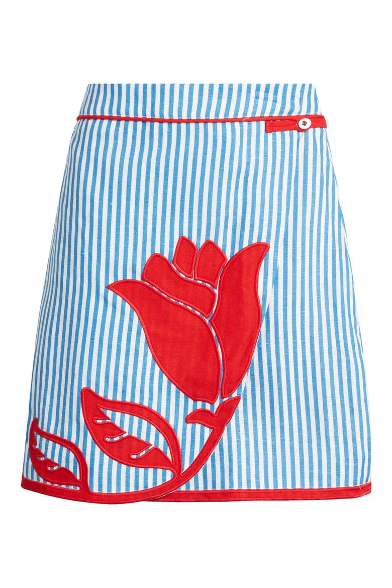Blue Sky Stripes Floral Appliqué Linen Blend Wrap Miniskirt, Alternate, color, BLUE