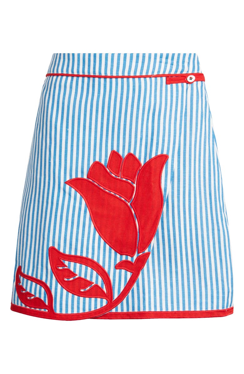 FARM Rio Blue Sky Stripes Floral Appliqué Linen Wrap Miniskirt, Main, color, Blue