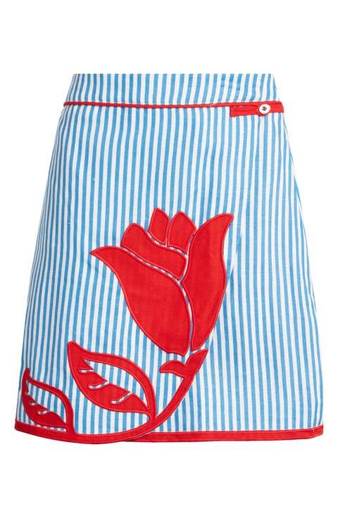 Blue Sky Stripes Floral Appliqué Linen Wrap Miniskirt