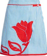FARM Rio Blue Sky Stripes Floral Appliqué Linen Wrap Miniskirt