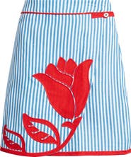 FARM Rio Blue Sky Stripes Floral Appliqué Linen Wrap Miniskirt