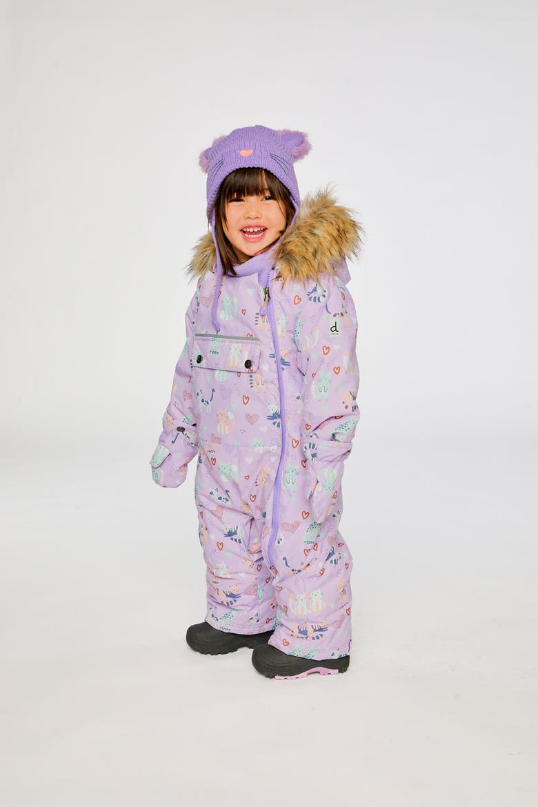 Play Cat Faux Fur Hood Car Seat One Piece Snowsuit, Alternate, color, Purple Printed Cats