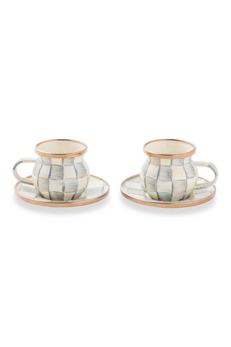 Sterling Check Enameled Steel Espresso Cups & Saucers Set, Main, color, GREY/ WHITE