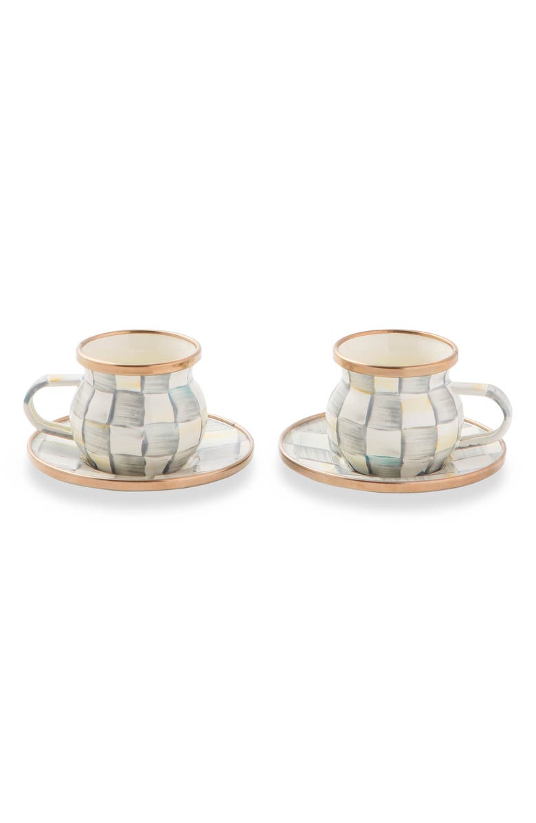MACKENZIE CHILDS Sterling Check Enameled Steel Espresso Cups & Saucers Set, Main, color, Grey/ White