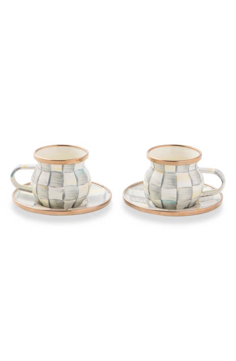 Sterling Check Enameled Steel Espresso Cups & Saucers Set