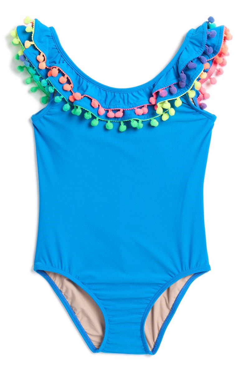 PQ SWIM Kids' Pompom Ruffled One-Piece Swimsuit, Main, color, 
