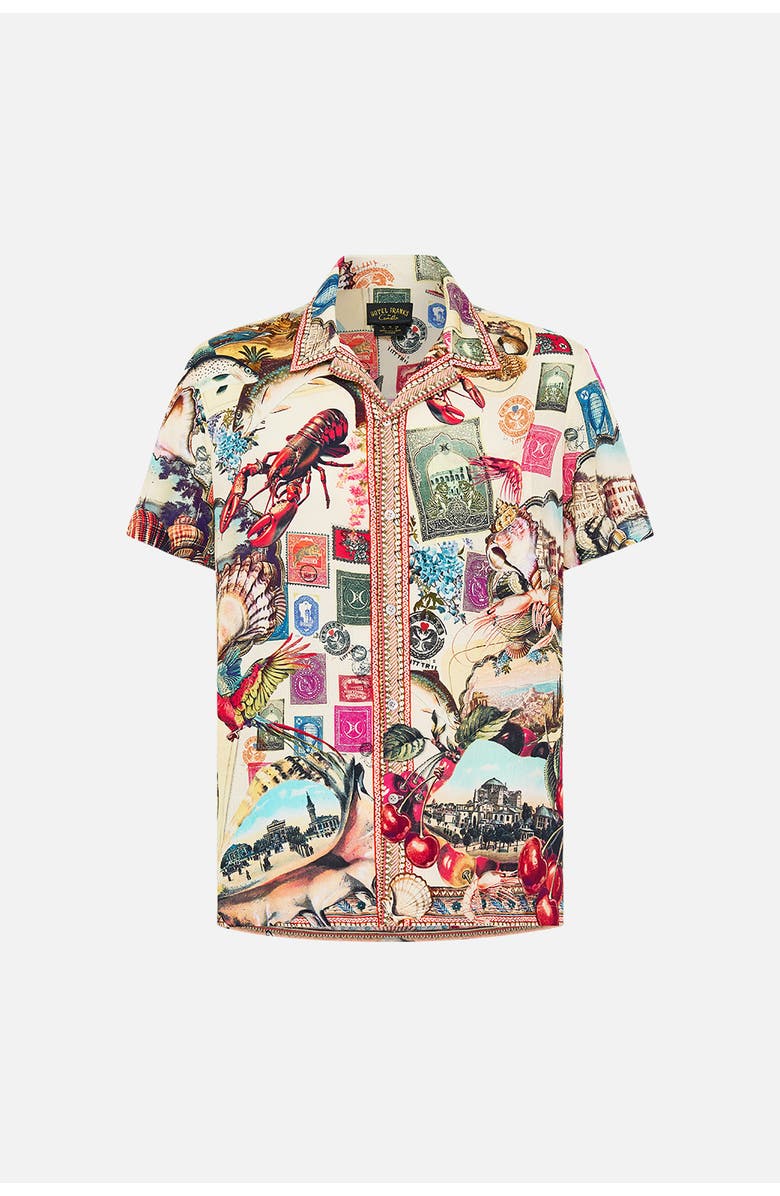 Camilla Short Sleeve Camp Collared Shirt Notes From The Road, Alternate, color, Notes From The Road