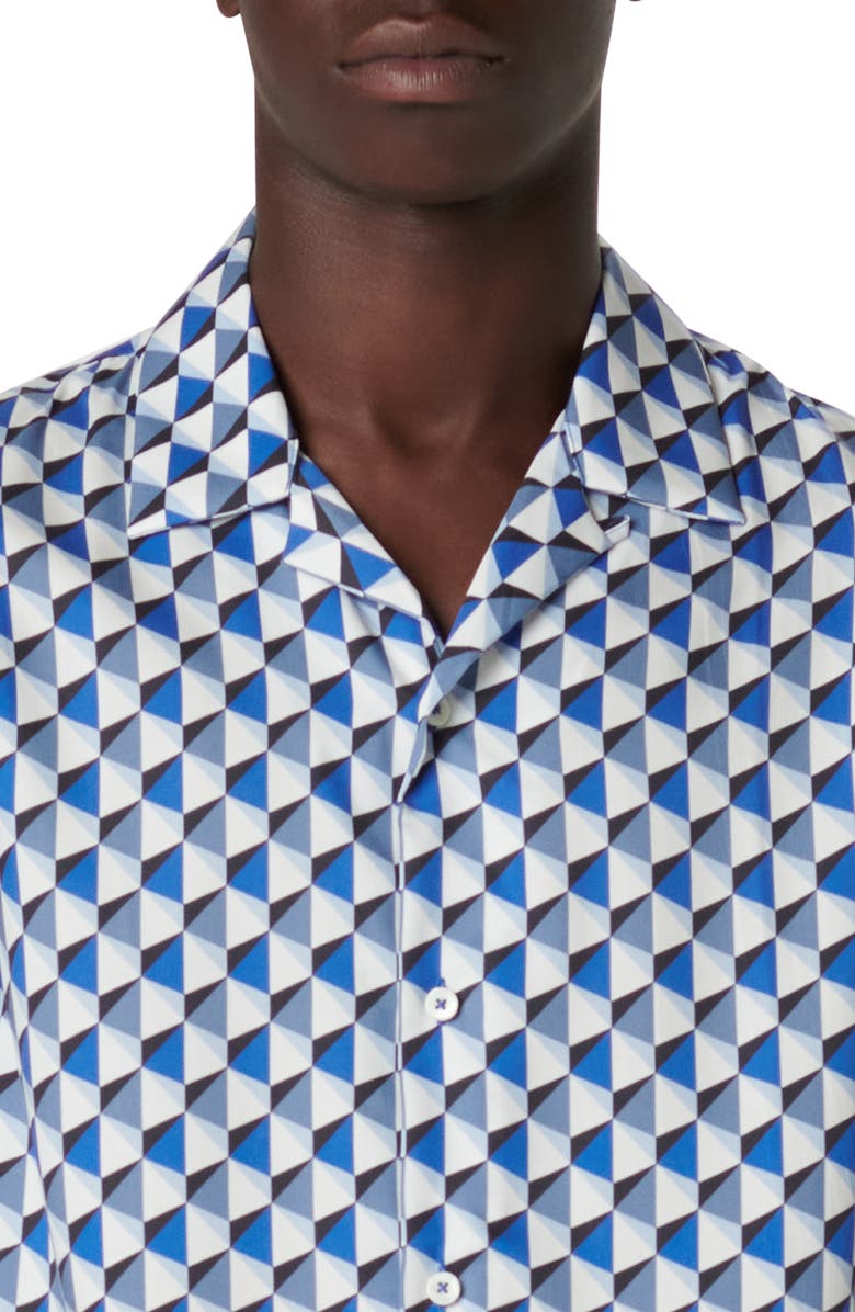 Bugatchi Jackson Shaped Fit Geo Print Short Sleeve Button-Up Camp Shirt, Alternate, color, Classic Blue