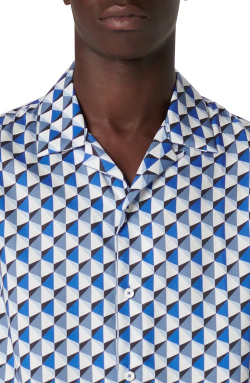 Bugatchi Jackson Shaped Fit Geo Print Short Sleeve Button-up Camp Shirt In Blue