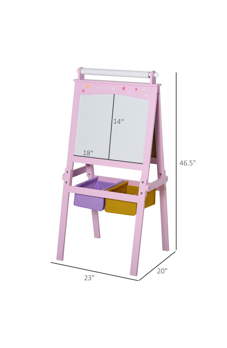 Qaba 3-in-1 Kids Wooden Art Easel, Paper Roll, Double-Sided Chalkboard & Whiteboard, Storage, Alternate, color, Pink