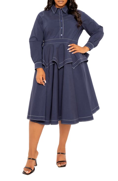 Topstitched Long Sleeve Peplum Shirtdress