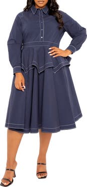 BUXOM COUTURE Topstitched Long Sleeve Peplum Shirtdress