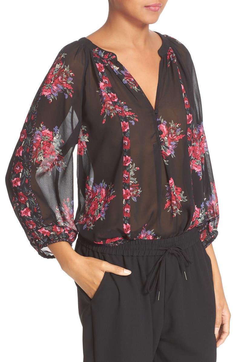 Joie 'Gloria' Floral Print Silk Peasant Top, Alternate, color, Caviar