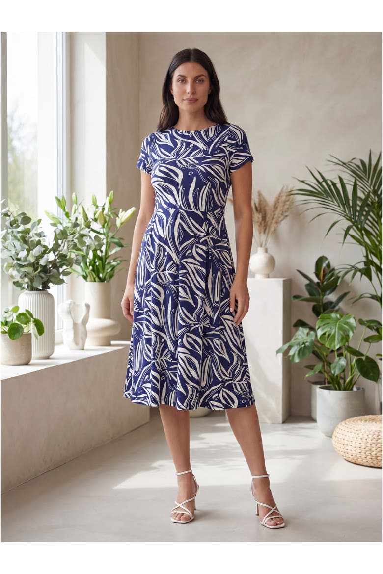 Maternity Essential Abstract Print Short Sleeve Boat Neck Pleated Pocket Fit & Flare Midi Dress, Alternate, color, Navy Multi