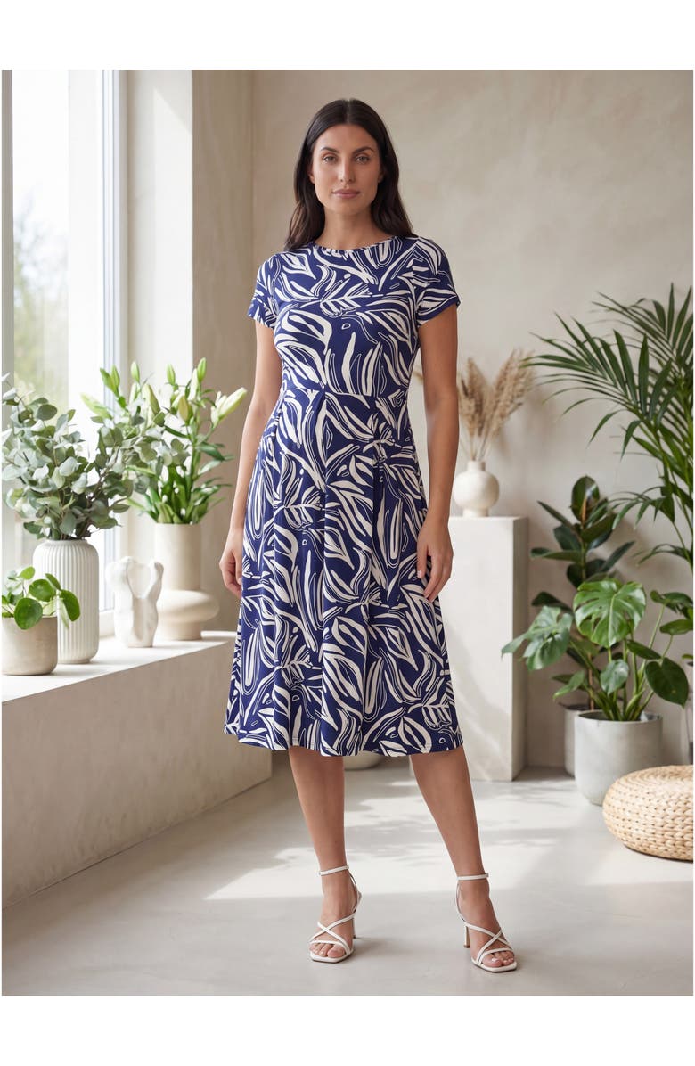 24seven Comfort Apparel Maternity Essential Abstract Print Short Sleeve Boat Neck Pleated Pocket Fit & Flare Midi Dress, Alternate, color, Navy Multi