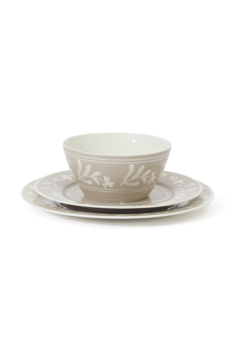 Maiden Crown 12-Piece Vegan Bone China Dinnerware Set, Floral Plates & Bowls, Service for 4, Alternate, color, Taupe
