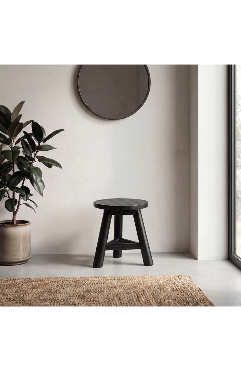 JONATHAN Y Triform Modern Minimalist Handcrafted Solid Teak Wood Accent Stool with Tri-Leg Base, Alternate, color, Black