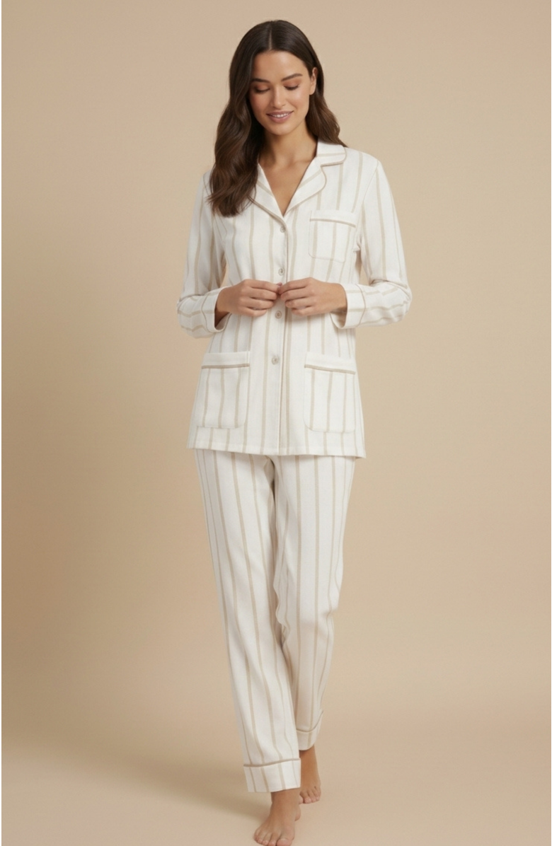 KIP Luxe Stretch Cotton Pinstripe Pajama Set, Alternate, color, Champagne