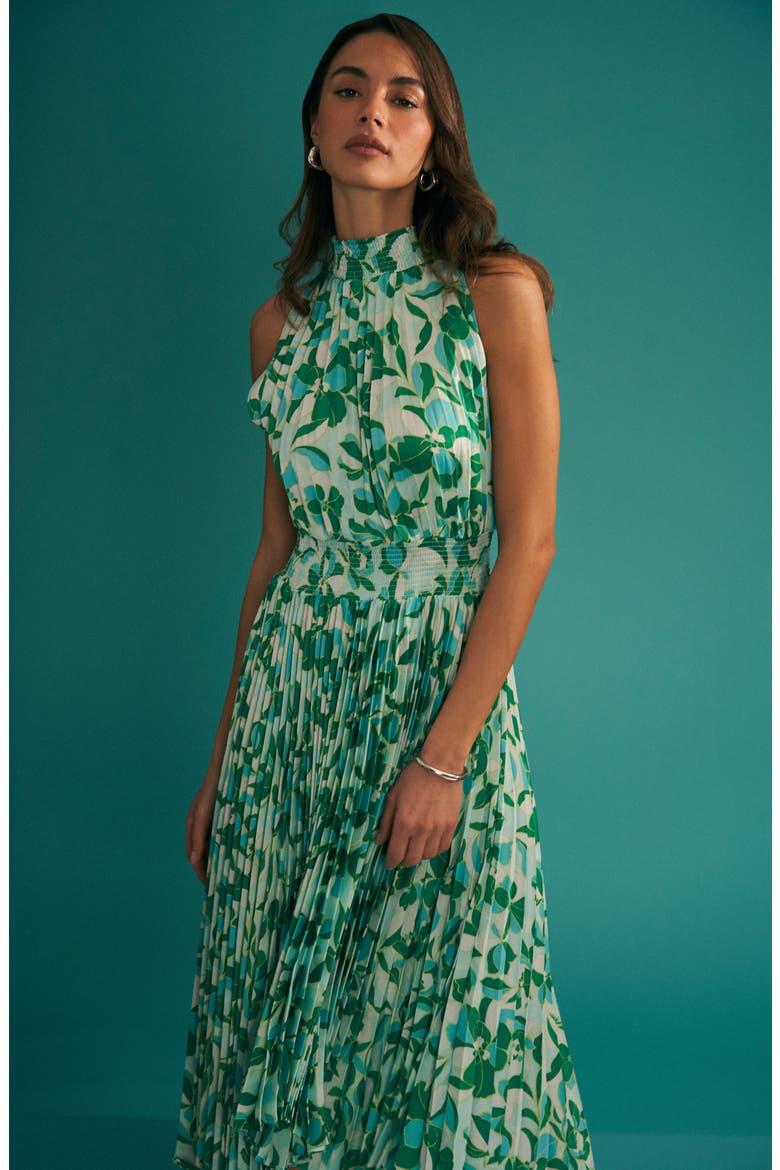 Floral Pleated Sharkbite Hem Midi Dress, Alternate, color, DEWY BLUE