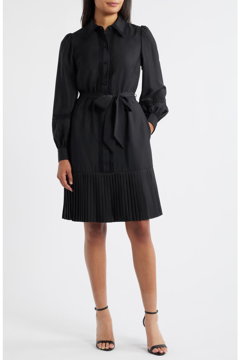 Lace Detail Long Sleeve Pleated Shirtdress, Main, color, BLACK