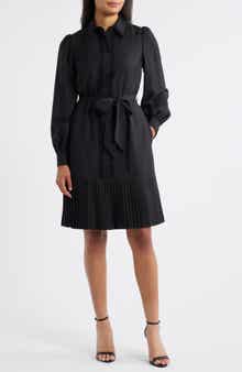 Eliza J Lace Detail Long Sleeve Pleated Shirtdress