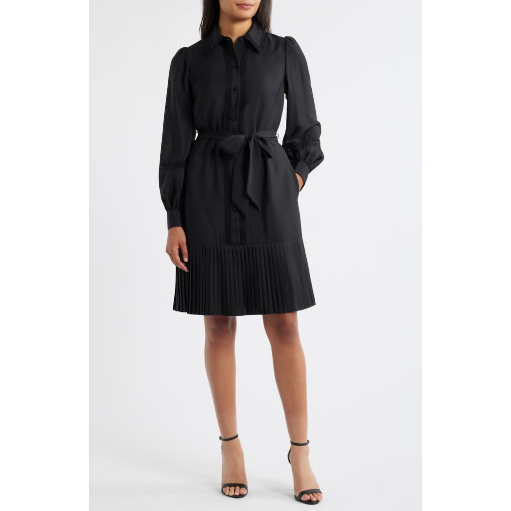 Eliza J Lace Detail Long Sleeve Pleated Shirtdress In Black