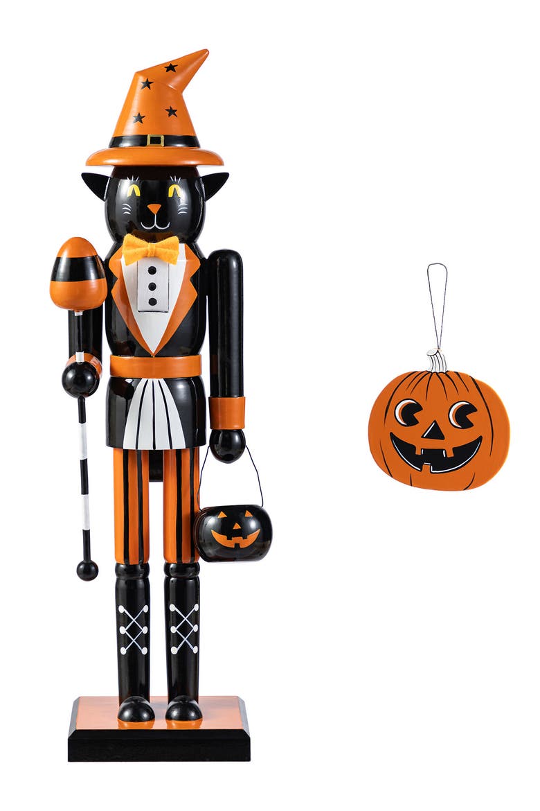 18.25"H Halloween Wood Cat Nutcracker with Ornament, Main, color, Black