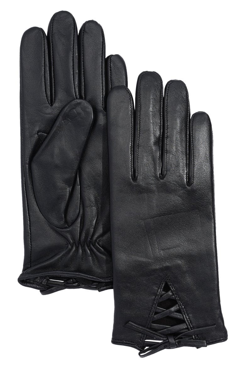 Laced Up Bow Leather Gloves, Main, color, BLACK