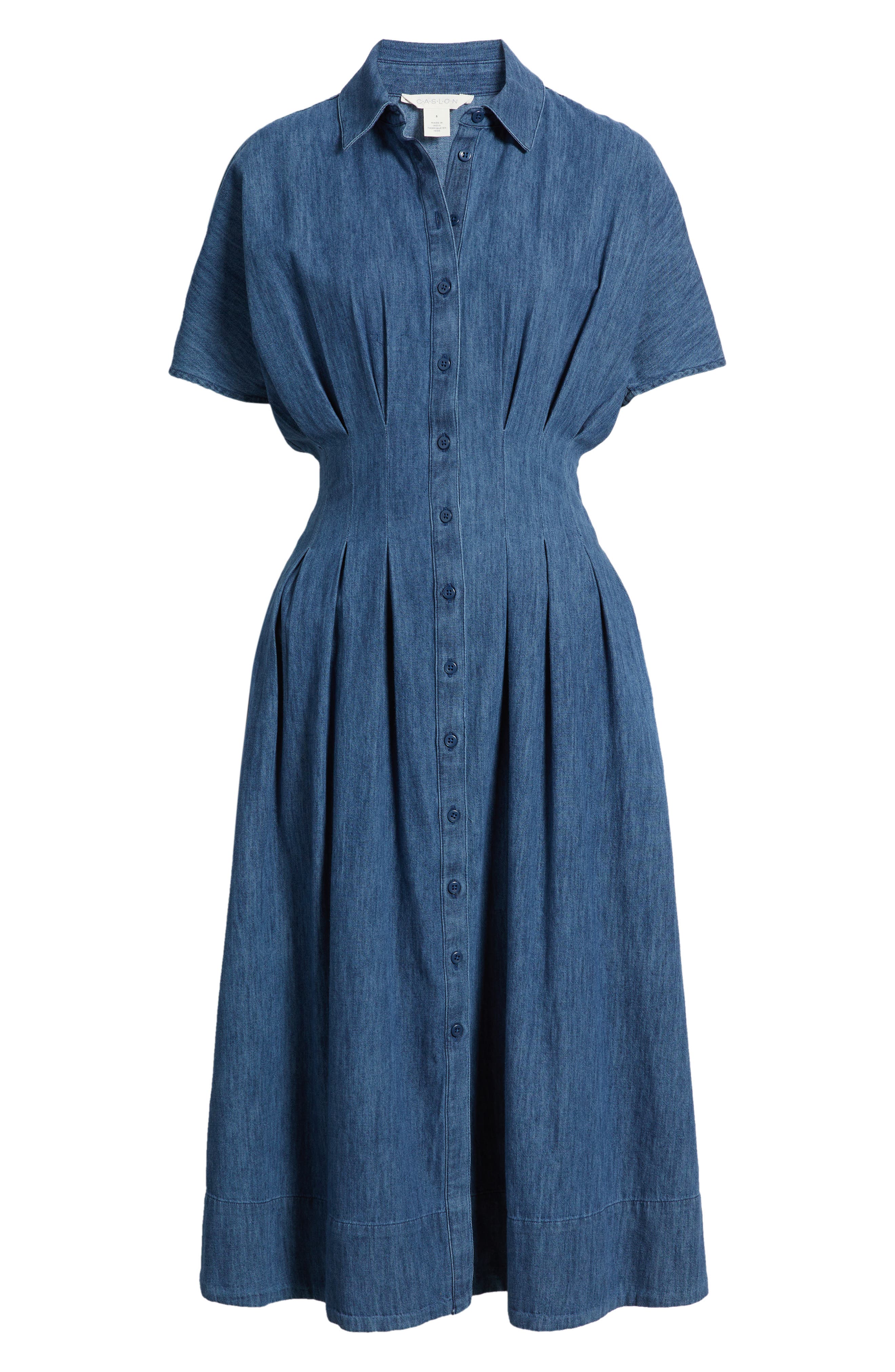 caslon denim dress caslon Twist Front Puff Sleeve Chambray Midi Dress in Medium Wash at Nordstrom, Size Large
