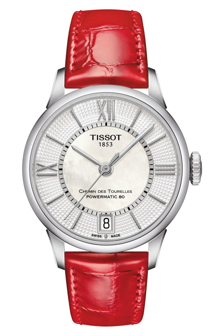 Chemin des Tourelles Powermatic 80 Lady Leather Strap Watch, 32mm, Main, color, RED/ MOP/ SILVER