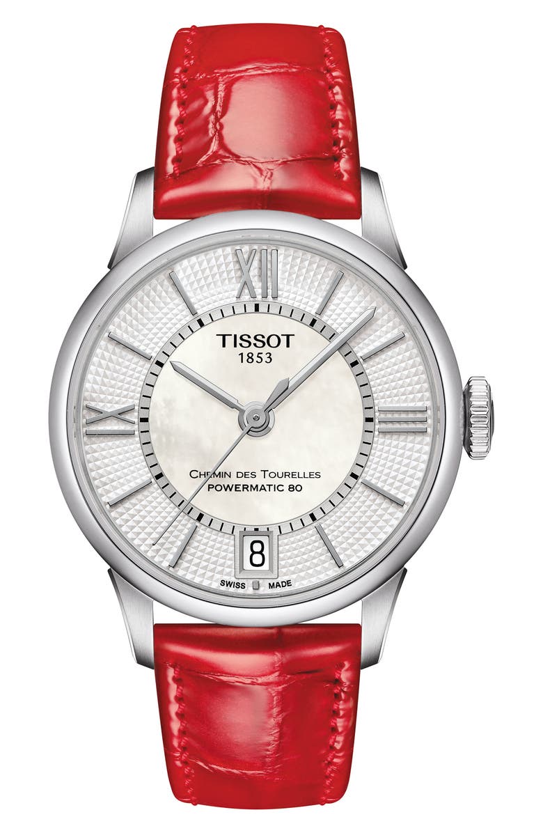 Tissot Chemin des Tourelles Powermatic 80 Lady Leather Strap Watch, 32mm, Main, color, Red/ Mop/ Silver