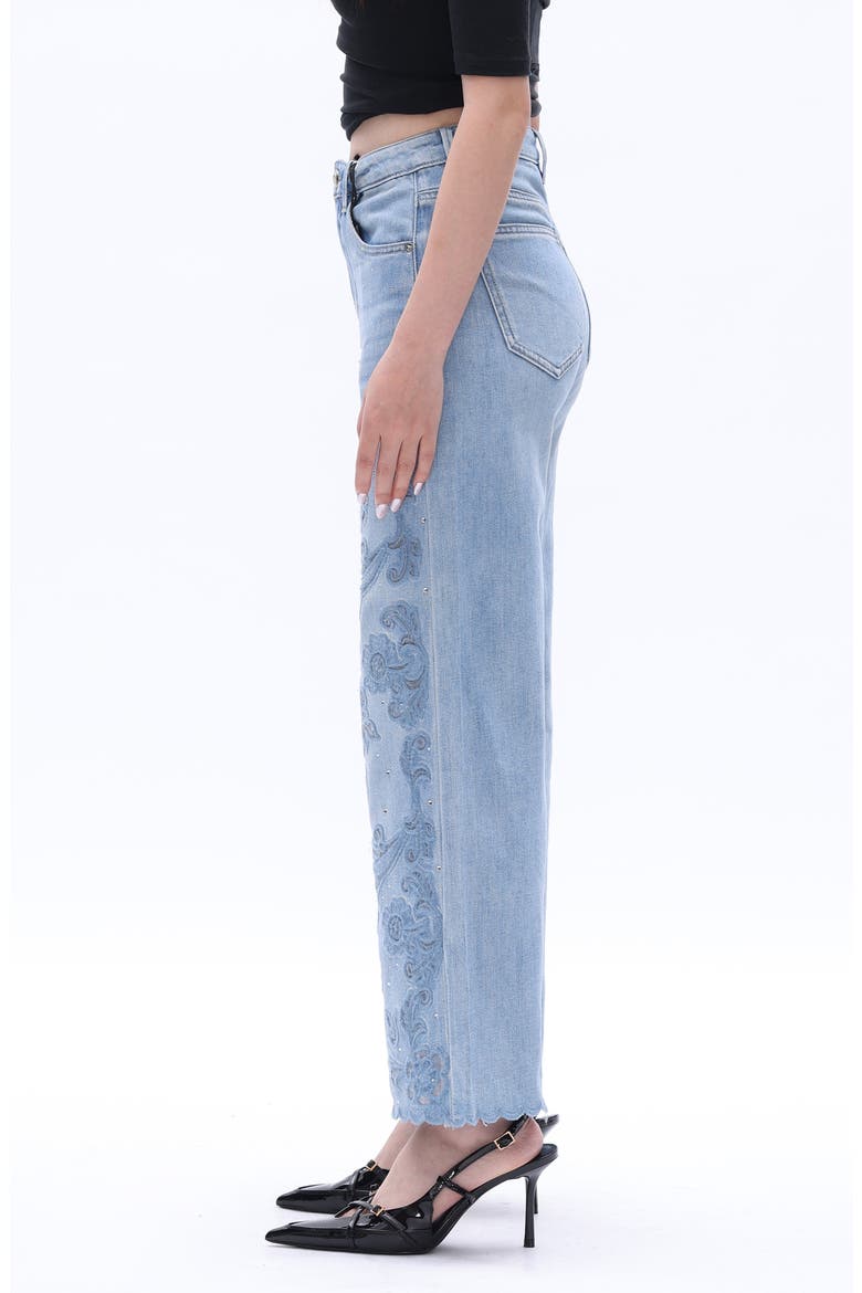 Rhinestone Floral Embroidered High Waist Wide Leg Jeans, Alternate, color, LIGHT BLUE