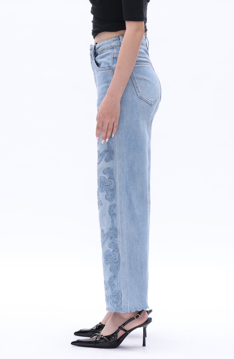 Bayeas Rhinestone Floral Embroidered High Waist Wide Leg Jeans, Alternate, color, Light Blue