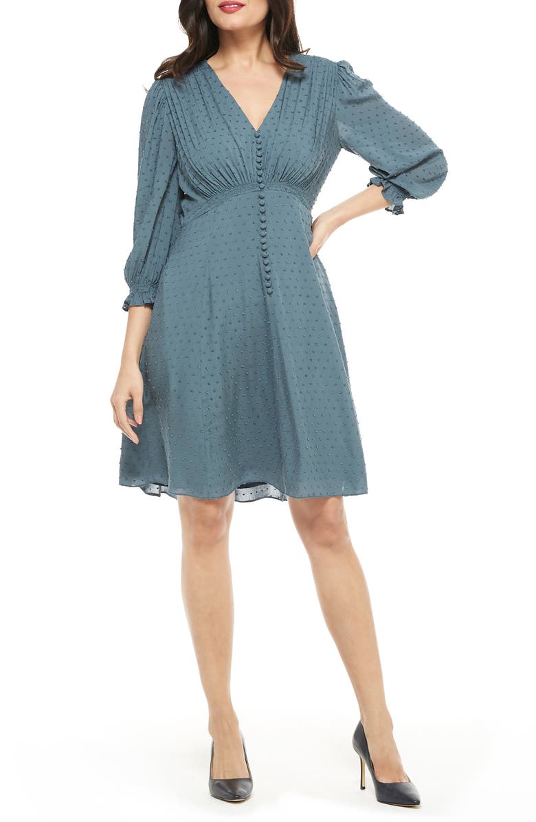 Gal Meets Glam Collection Andrea Smocked Shoulder Clip Dot Fit & Flare Dress, Alternate, color, Retro Blue