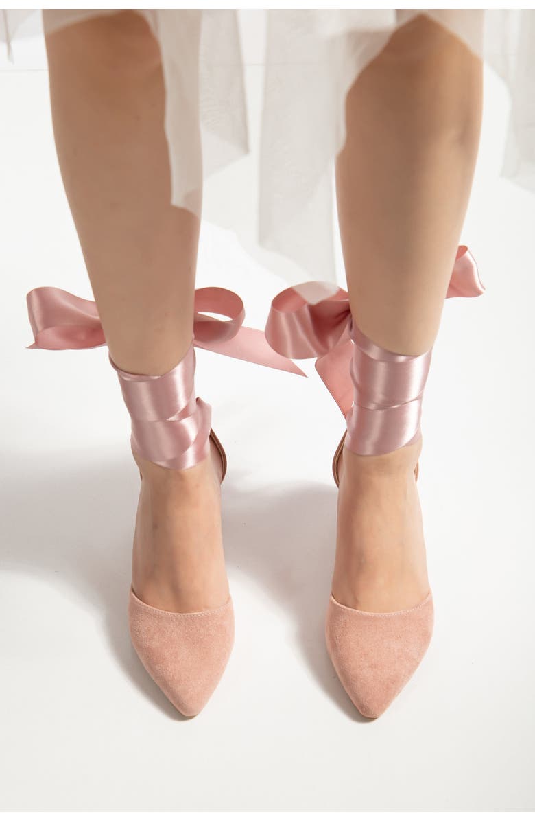 Forever & Always Shoes Fiona Low Block Heels with Ribbon, Alternate, color, Dusty Pink Suede