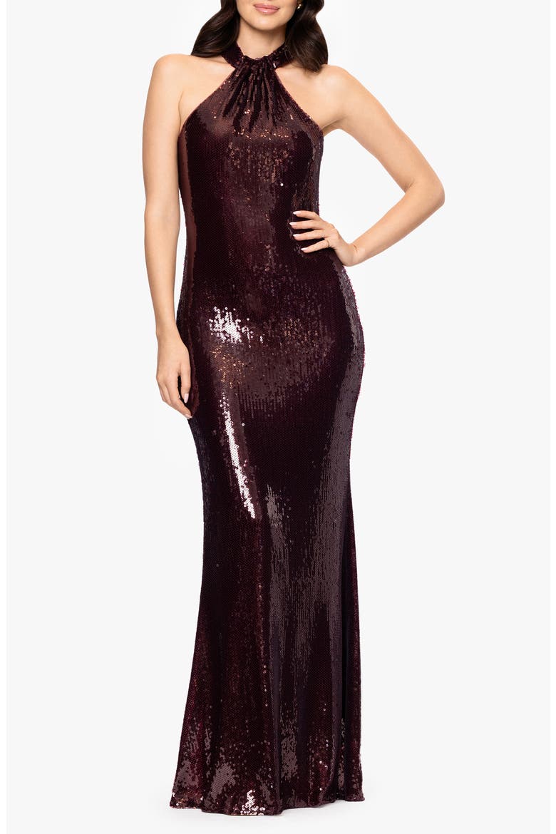 Sequin High Neck Sheath Gown, Main, color, BURGUNDY