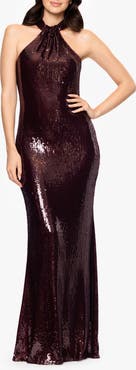 Betsy & Adam Sequin High Neck Sheath Gown