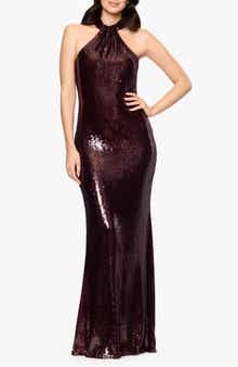 Betsy & Adam Sequin High Neck Sheath Gown