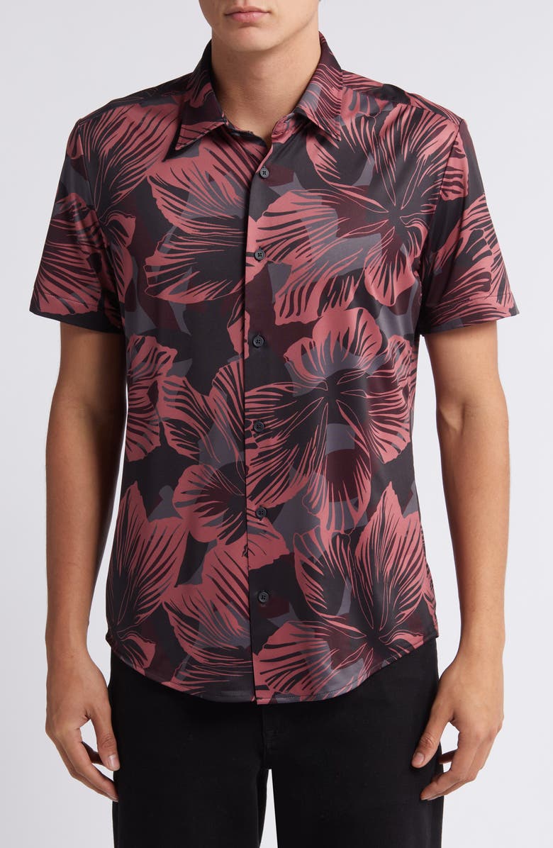 BOSS Roan Slim Fit Leaf Print Short Sleeve Stretch Button-Up Shirt, Main, color, Red