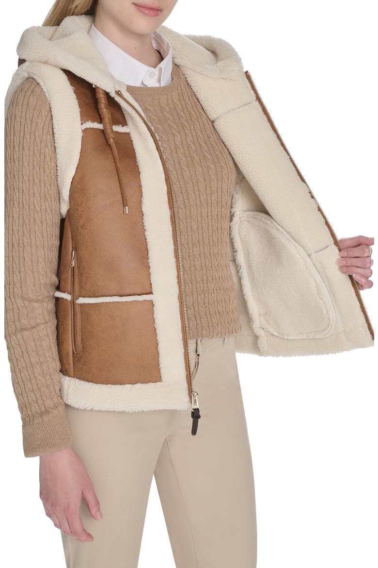 Hooded Faux Waxed Suede & Faux Shearling Vest, Alternate, color, HAZELNUT