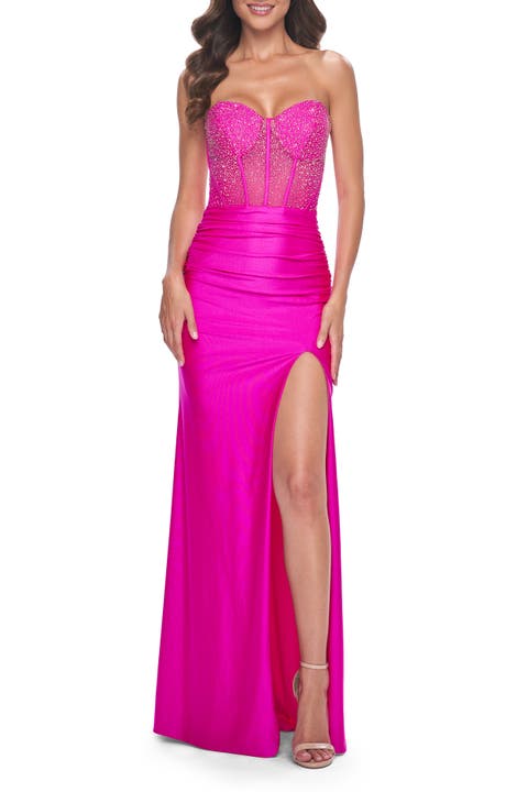 Neon Rhinestone Bustier Prom Dress with Ruching
