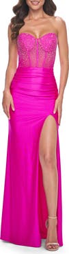 La Femme Neon Rhinestone Bustier Prom Dress with Ruching