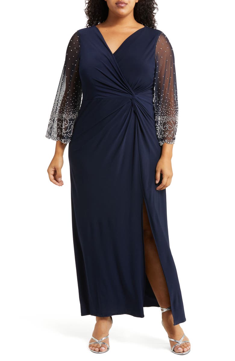 Alex Evenings Long Sleeve Surplice Neck Evening Dress, Main, color, Dark Navy
